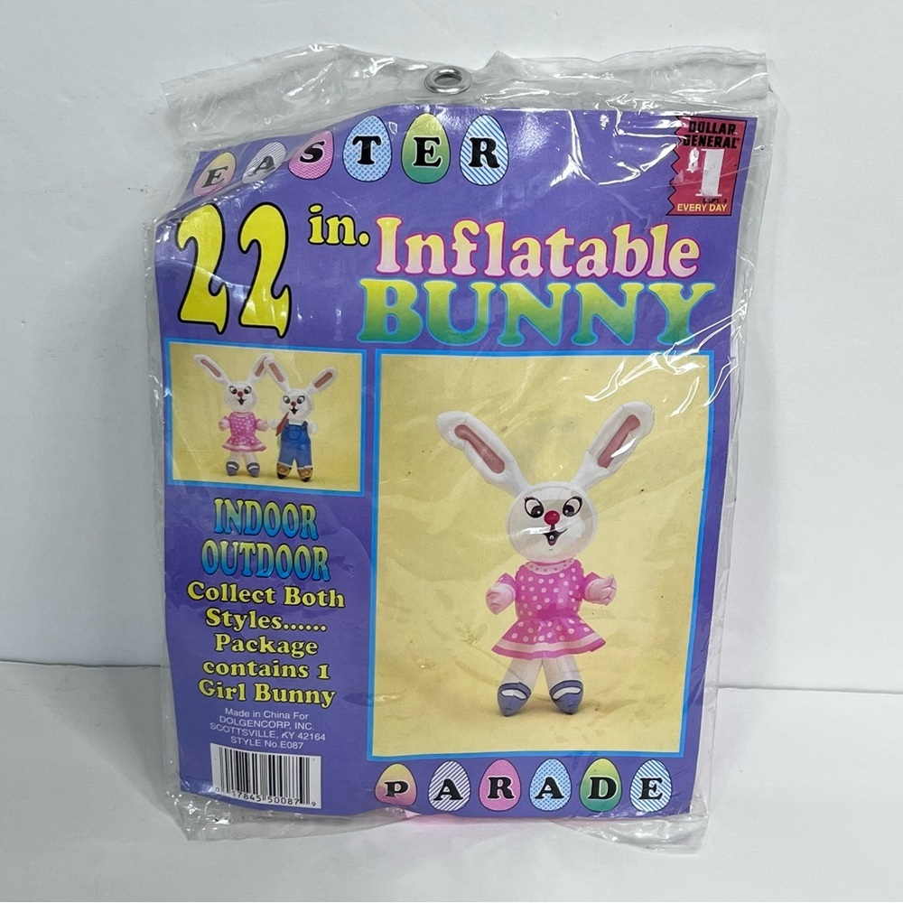 Vintage Dollar General 22 in Inflatable Girl Bunny Easter Parade Pink Polka Dot